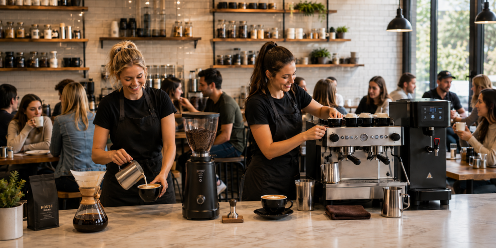 Commercial beverage equipment used in a busy café
