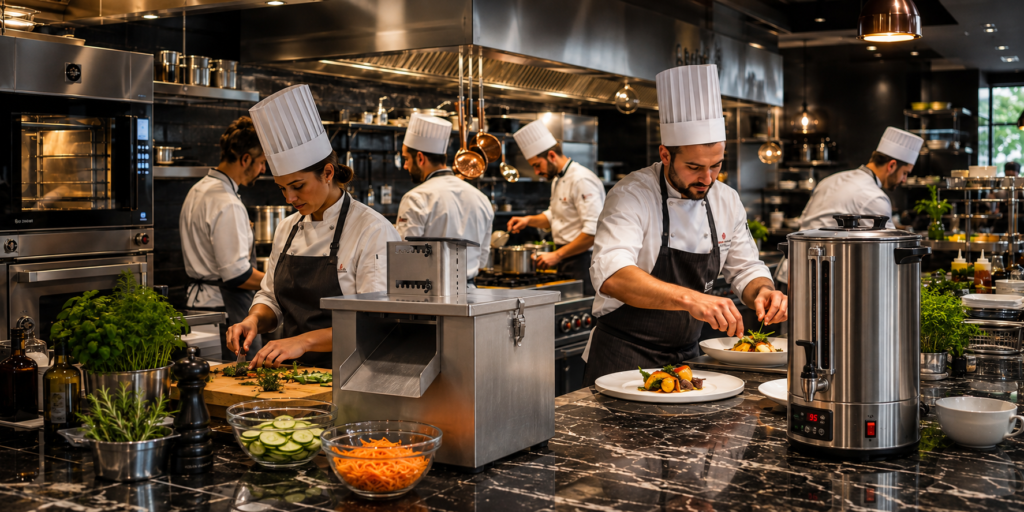 Commercial beverage and food processing equipment used in a professional restaurant kitchen