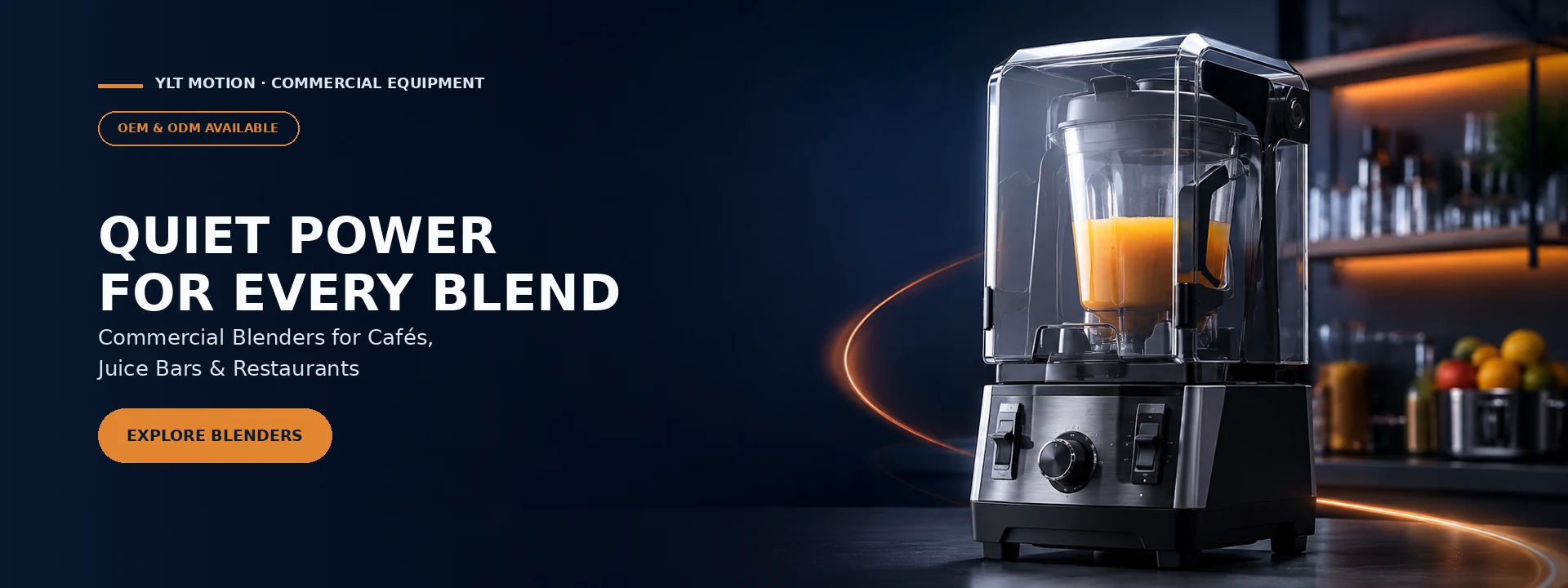 Quiet commercial blender with soundproof enclosure for cafes, juice bars and restaurants