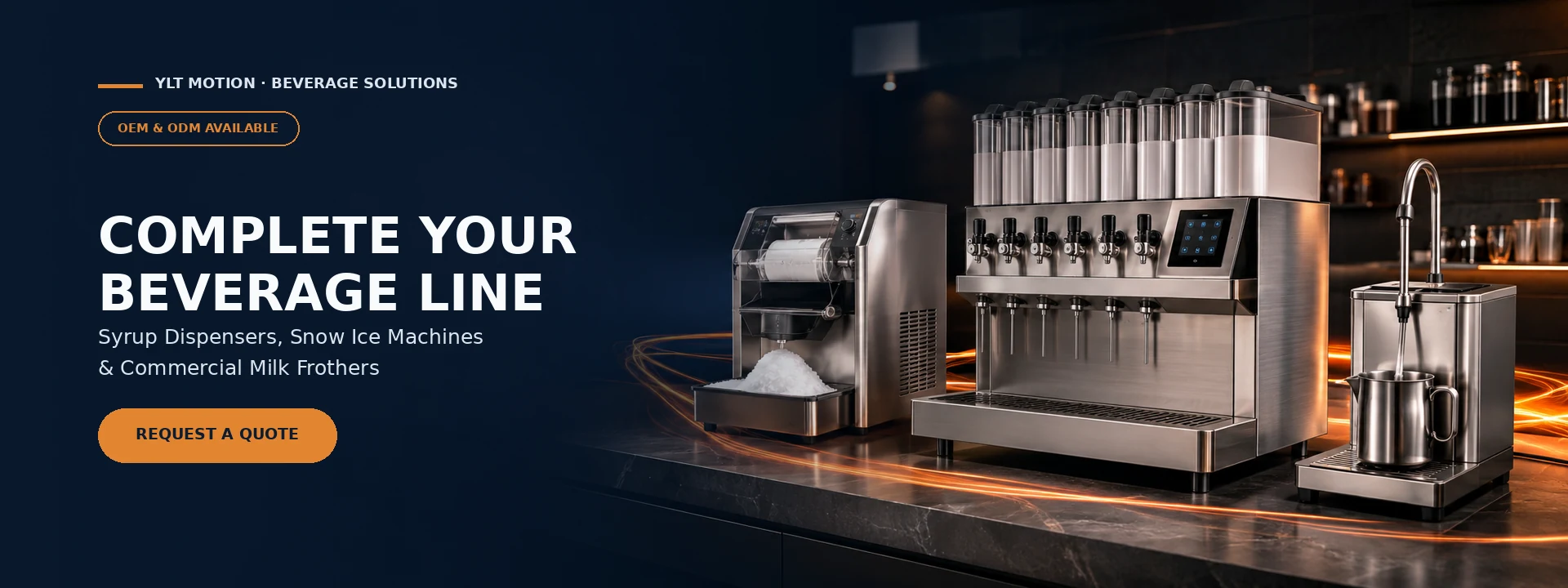 Commercial beverage equipment including syrup dispenser, snow ice machine and milk frother